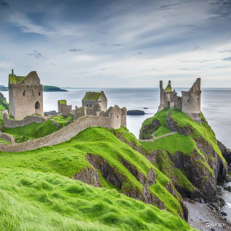 #Bing_Wallpaper"在崎岖悬崖上雄伟的中世纪城堡遗迹，位于北爱尔兰安特里姆的邓卢斯城堡俯瞰着广阔而宁静的海洋