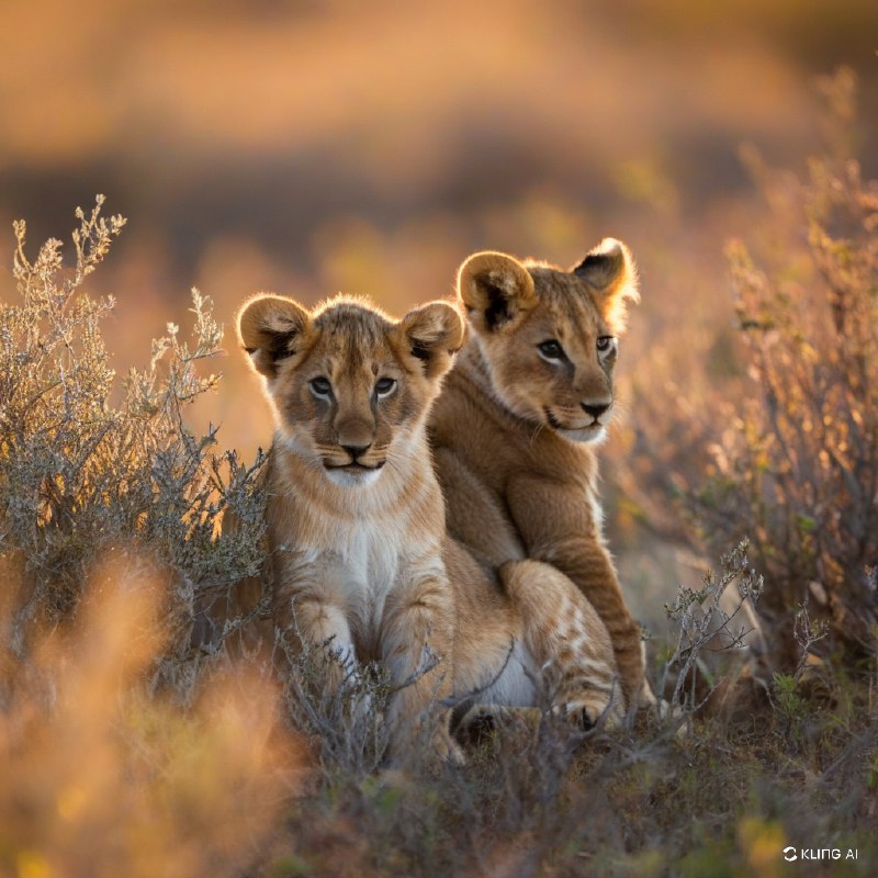 #Bing_Wallpaper日出时分，南非的两只小狮子坐在草地上，眺望远方