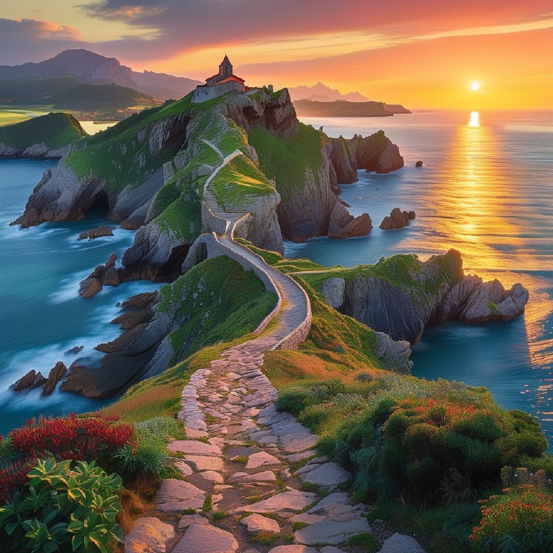 #Bing_Wallpaper在西班牙巴斯克地区，日落时分的加斯特卢加特谢岛展现出令人叹为观止的景色