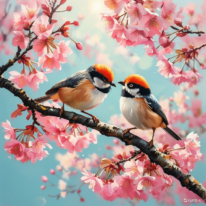 #Bing_Wallpaper两只活力十足的红头长尾山雀停在盛开的樱花树枝上，沐浴在清朗春日明媚的阳光中