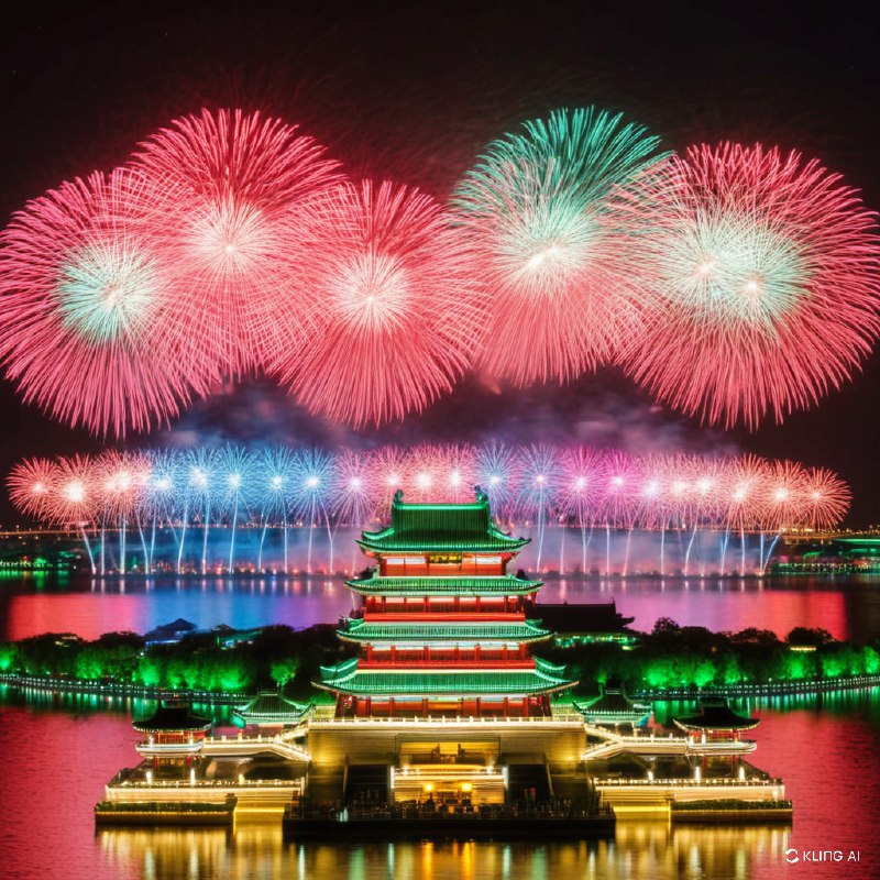 #Bing_Wallpaper"焰火盛宴点亮了湖南省长沙市夜空，耀眼的红、绿、蓝色光芒在空中绽放，生动地庆祝这一时刻