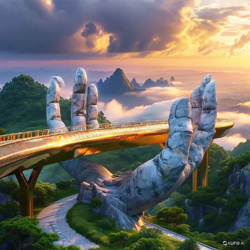 #Bing_Wallpaper“雄伟的金色桥梁由巨大的石手高高托起，优雅地矗立在越南巴拿山郁郁葱葱的绿意之间，俯瞰令人赞叹的地平线