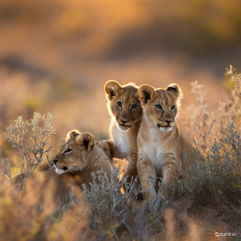 #Bing_Wallpaper日出时分，南非的两只小狮子坐在草地上，眺望远方