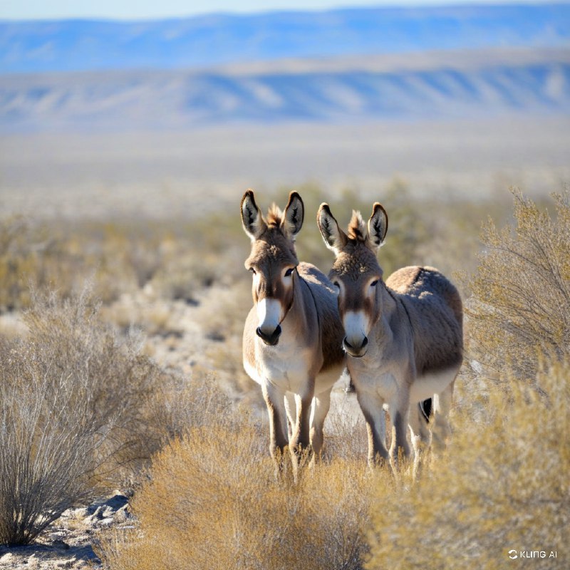 #Bing_Wallpaper在美国内华达州赖奥莱特附近一个阳光明媚的沙漠山谷中，两头野驴并肩而立