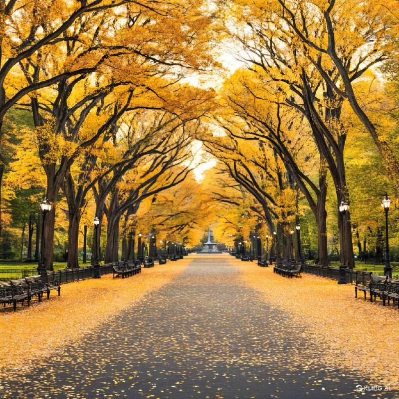 秋天的中央公园，绿树成荫，小径上铺满了金黄的落叶，两旁的长椅上坐满了人，气氛宁静而温馨