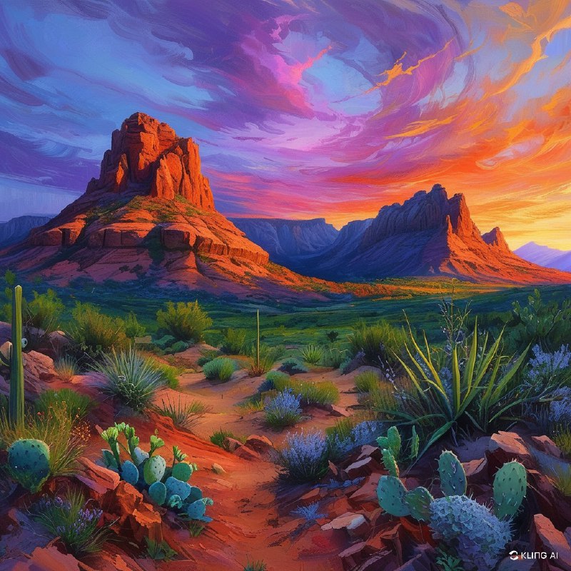 #Bing_Wallpaper“亚利桑那州塞多纳雄伟的红岩地貌，在一个充满活力的暮色天空下显得格外壮观，天空色彩迷离，紫色、粉色和蓝色交织，仿佛情感与能量的旋涡；崎岖的砂岩峭壁散发着温暖的琥珀色与深红色调，其间点缀着茂密的绿色沙漠植被；前景展现了沙漠植物的细节，包括鼠尾草和仙人掌，与土红色的地面形成鲜明对比；整个场景的鲜明宁静唤起一种神秘而超凡的氛围，画面以高度写实的高清风格呈现，巧妙平衡了戏剧性的光线与柔和的自然色彩