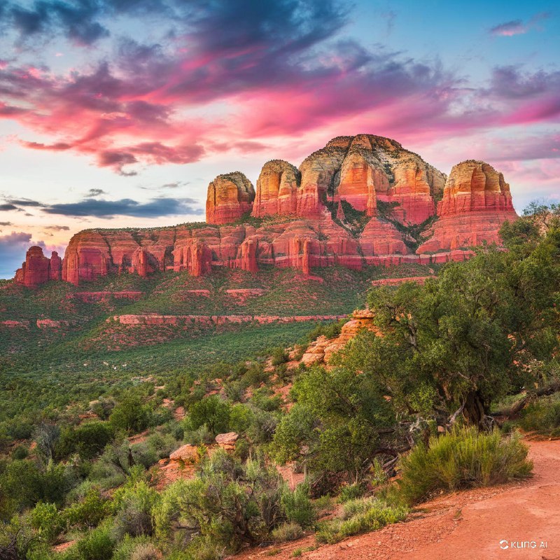 #Bing_Wallpaper“亚利桑那州塞多纳雄伟的红岩地貌，在一个充满活力的暮色天空下显得格外壮观，天空色彩迷离，紫色、粉色和蓝色交织，仿佛情感与能量的旋涡；崎岖的砂岩峭壁散发着温暖的琥珀色与深红色调，其间点缀着茂密的绿色沙漠植被；前景展现了沙漠植物的细节，包括鼠尾草和仙人掌，与土红色的地面形成鲜明对比；整个场景的鲜明宁静唤起一种神秘而超凡的氛围，画面以高度写实的高清风格呈现，巧妙平衡了戏剧性的光线与柔和的自然色彩