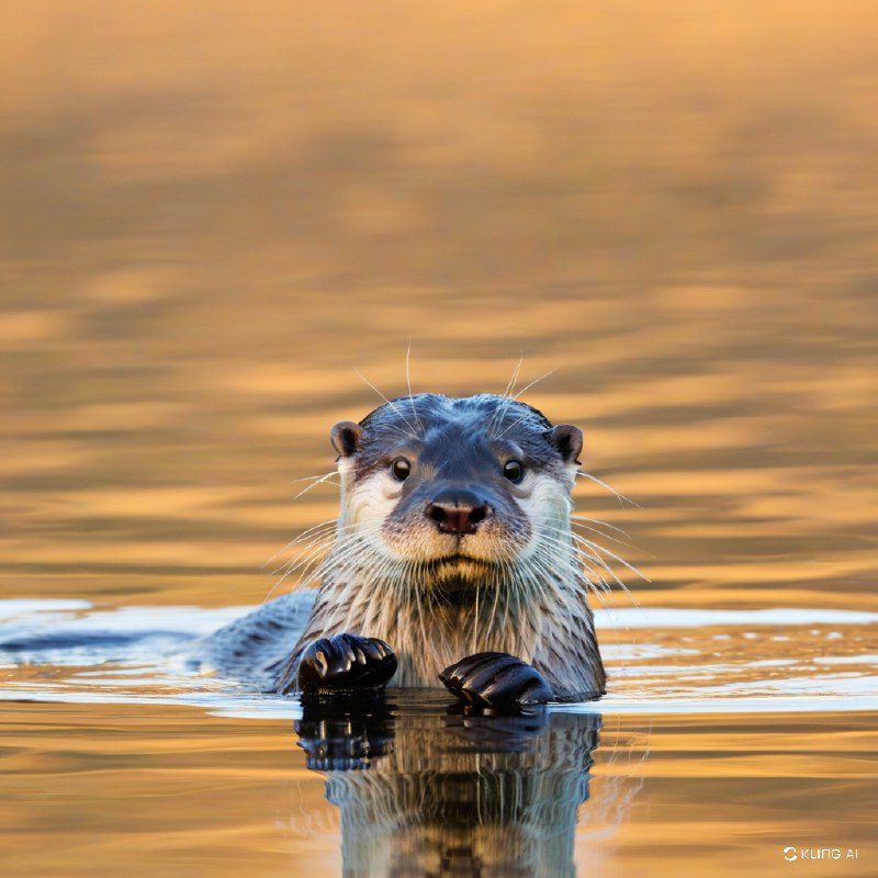 #Bing_Wallpaper夕阳时分，一只欧亚水獭从平静而金黄的水面中浮现的特写镜头