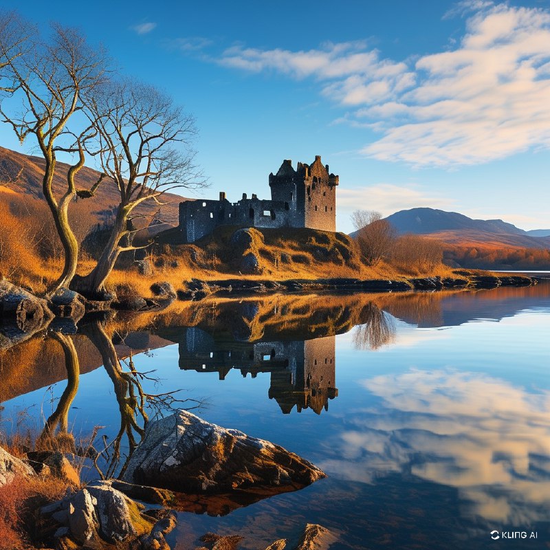 #Bing_Wallpaper古老的苏格兰城堡倒映在内斯湖平静的湖水中，座落于阿盖尔-比特郡境内