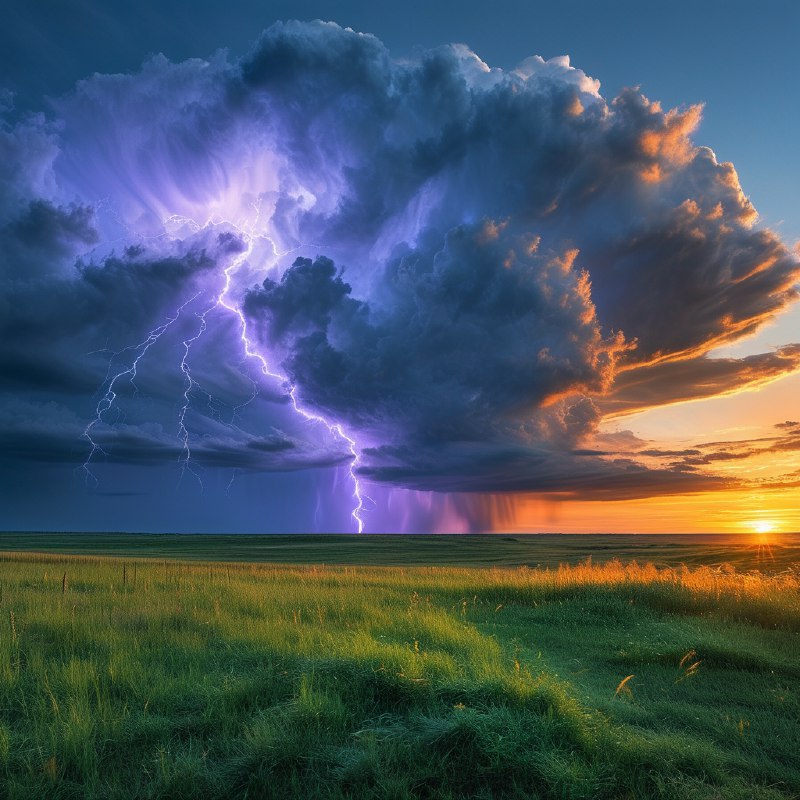 #Bing_Wallpaper“在日落时分，内布拉斯加州宽广的平原上，一场壮丽的雷暴正肆虐