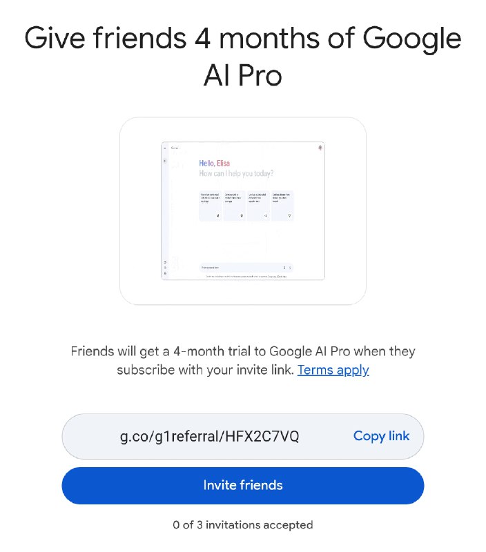 免费 4 个月 Google AI Pro ，通过如下链接完成订阅即可