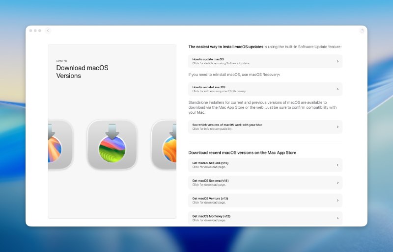 💻 Apple 在 Mac App Store 提供全部 macOS 操作系统的直接下载入口，以及旧版 Mac OS X 操作系统安装包的下载链接