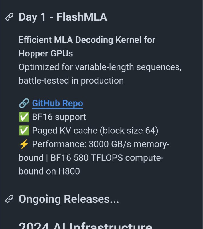 DeepSeek infra 开源周 第一天就把可能是最重要的高效 MLA 推理实现爆了要知道在此之前开源社区（transformers 的实现和 llama.cpp 的实现）我记得都还在用最简单最破烂的 MLA 实现，即使大推理商也好不到哪去，这本来应该是大模型真正的「护城河」（没有优化的推理实现，即使开源权重其他推理商跑的成本都会被 DeepSeek 橄榄），D 圣人决定直接给它开源...只能说是真不靠这个吃饭啊 真正的 OpenAI