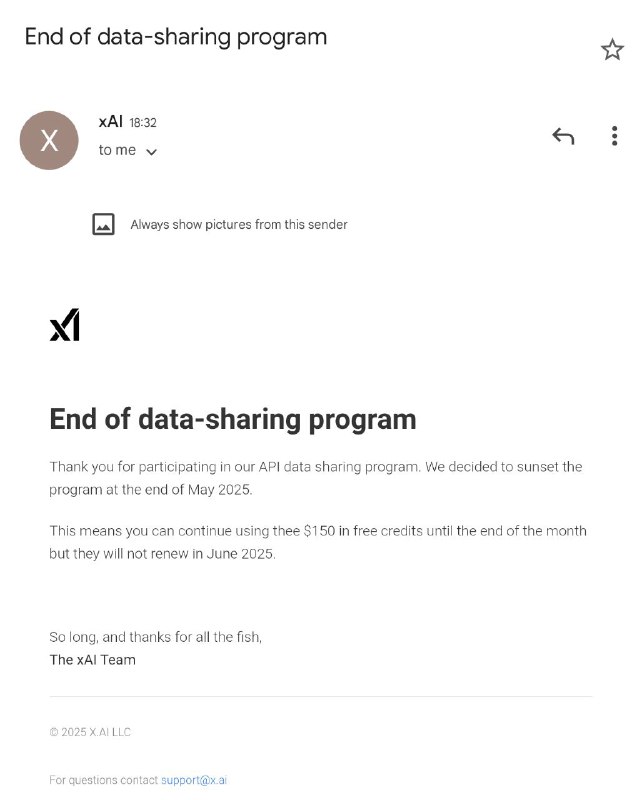 xAI （Grok） 将停止每月 $150 的免费额度 5月还能用，下个月开始就没了之前弄来大部分用于翻译了，也没花掉多少，这下直接再见了
