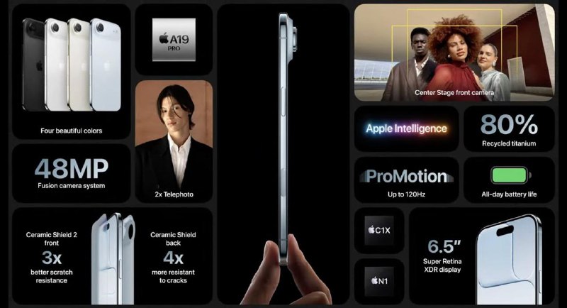 全新 iPhone Air 现已发布* 4 种颜色* 前后面板均使用，超瓷晶面板技术，3倍耐刮擦，4 倍抗裂* 6.5 英寸屏幕，支持 ProMotion* A19 Pro 处理器（⚠️ 比 iPhone 17 更强大的处理器），6 核 CPU，GPU 运算能力堪比 MacBook Pro，峰值运算是前代设备的 3 倍* 搭载 Apple N1 芯片，支持 Wi-Fi 7 , 蓝牙 6.0， Thread 协议* 搭载 C1x，2倍 C1 处理速度，功耗比 iPhone 16 Pro 降低 30%* 4800 万主摄，单摄* 搭载 Center Stage Camera* 支持前后摄像头同步拍摄* 完全干掉实体卡槽，只能用 eSIM续航支持 1 天配件* 全新的 MagSafe 电池，最长可以达到 40 小时续航* 厚度不到 1mm 的透明壳* 斜跨绳（背带）