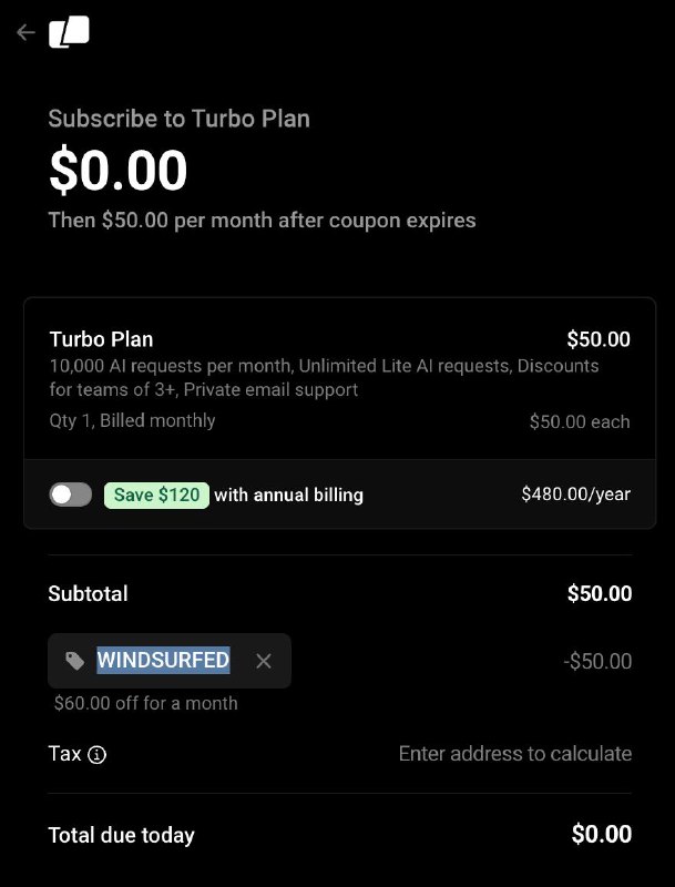 Warp 终端的 AI 功能 Turbo Plan 今天限时免费，点击链接注册登录账号，选择 $50/ 月 的 Turbo Plan，输入优惠码 WINDSURFED 即可抵扣费用