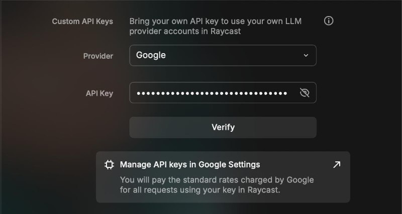 Raycast AI 可以直接使用自己的 API Key 了，无需付费订阅