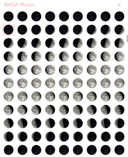 受 persona 3 启发，写脚本用 NASA 的月亮照片做了一个完整的月相 emoji set! 现在可以发一个月亮代替一个月里的哪一天了 qwq