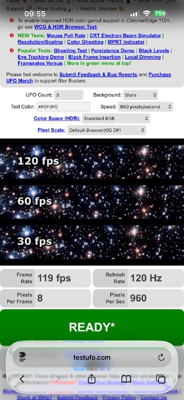  Safari 网页浏览解锁 120hz 帧率系统设置- Safari - 高级（最底部） - 功能开关 - 关闭选项 Prefer Page Rendering Updates near 60fps（默认开启，把它关掉） 26.1 测试有效  17.0 测试无效似乎是iOS 18.0 引入的功能，以下版本不生效120hz 测试网页来源