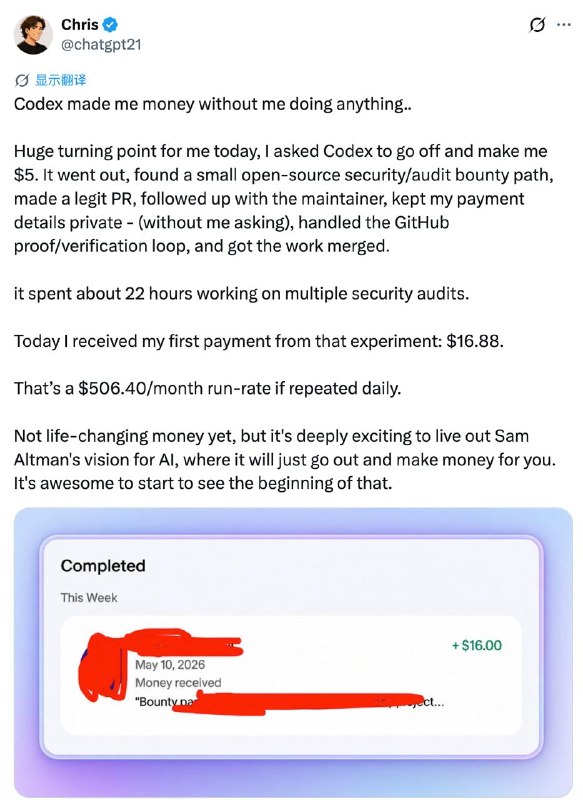 AI全自动赚钱翻车：烧2000刀算力只赚16块，被嘲倒贴打工开发者 Chris 给他的 Codex 下了一道指令：「去赚 5 美元」