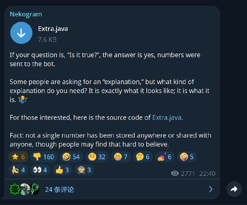 Nekogram 开发者承认手机号被发送至 Bot，但否认存在存储行为Nekogram 开发者公开回应称，用户号码确实曾被发送到指定 Bot，但坚称这些数据“没有被存储，也没有与任何人共享”